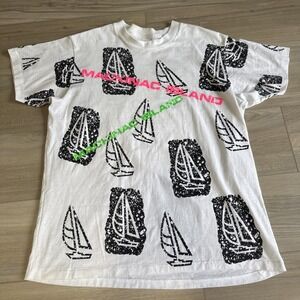 Vintage Textile Prints Mackinac Island Shirt‎ OSFA Sailboats Made In USA 1980s